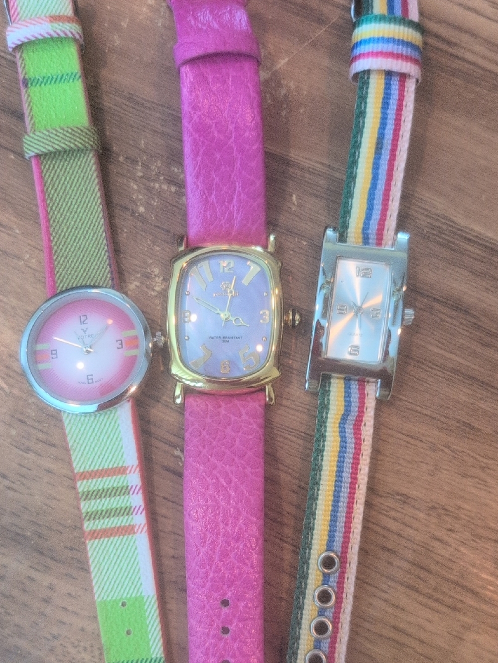 Three Colorful Women's Strap Watches - Pink, Green & Rainbow